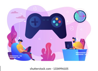 Tiny people gamers playing online video game, huge joystick and clock. Gaming disorder, video gaming addiction, decreased attention span concept. Bright vibrant violet vector isolated illustration