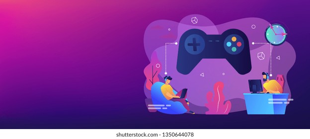 Tiny people gamers playing online video game, huge joystick and clock. Gaming disorder, video gaming addiction, decreased attention span concept. Header or footer banner template with copy space.