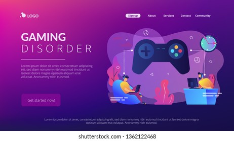 Tiny people gamers playing online video game, huge joystick and clock. Gaming disorder, video gaming addiction, decreased attention span concept. Website vibrant violet landing web page template.