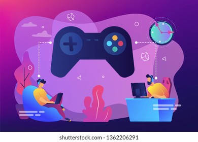 Tiny people gamers playing online video game, huge joystick and clock. Gaming disorder, video gaming addiction, decreased attention span concept. Bright vibrant violet vector isolated illustration