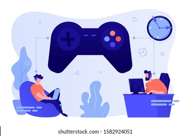 Tiny people gamers playing online video game, huge joystick and clock. Gaming disorder, video gaming addiction, decreased attention span concept. Pinkish coral bluevector isolated illustration