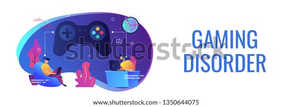 Tiny people gamers playing online video game, huge\
joystick and clock. Gaming disorder, video gaming addiction,\
decreased attention span concept. Header or footer banner template\
with copy space.