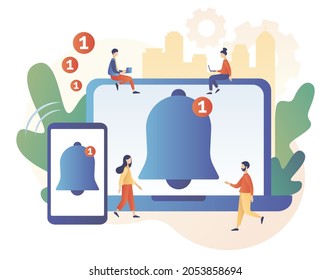 Tiny people get chat messages notification on smartphone and laptop. Notifications. Ring bell as reminder pop up. Modern flat cartoon style. Vector illustration on white background