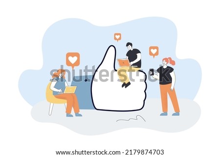 Tiny people getting or clicking likes on their devices. Man and women using social networks on laptops and smartphone at thumb up sign flat vector illustration. Social networking concept for banner