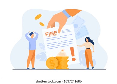 Tiny people getting paper sheet with fine flat vector illustration. Cartoon characters paying traffic bill, municipal tax or parking fee as penalty from police. Financial mulct or punishment concept