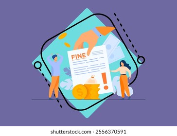 Tiny people getting paper sheet with fine flat vector illustration. Cartoon characters paying traffic bill, municipal tax or parking fee as penalty from police. Financial mulct or punishment concept