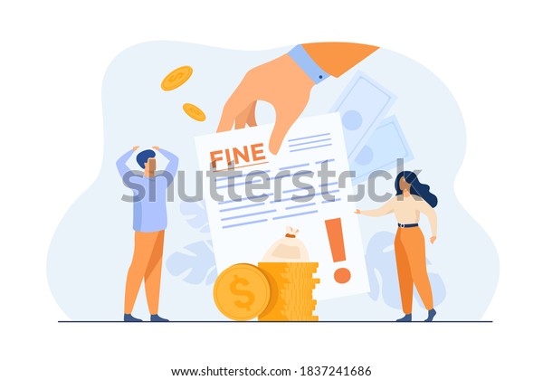 Tiny people getting paper sheet with fine flat\
vector illustration. Cartoon characters paying traffic bill,\
municipal tax or parking fee as penalty from police. Financial\
mulct or punishment\
concept