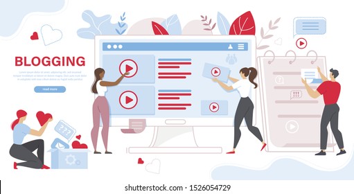 Tiny People and Giant Computer with Posts and Video on Screen. Sharing Content on Social Media Networks, Blogging, Vlogging and Microblogging. Cartoon Flat Vector Illustration, Horizontal Banner.