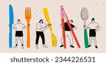 Tiny people with giant kitchen Utensils. Person holding fork, knife, spoon, chopsticks. Cute isolated characters. Cartoon style. Hand drawn Vector illustration. Food service, restaurant concept