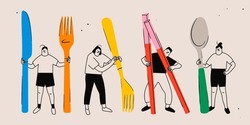 Tiny People With Giant Kitchen Utensils. Person Holding Fork, Knife, Spoon, Chopsticks. Cute Isolated Characters. Cartoon Style. Hand Drawn Vector Illustration. Food Service, Restaurant Concept