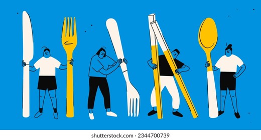 Tiny people and giant kitchen Utensils  Person holding fork  knife  spoon  chopsticks  Cute isolated characters  Cartoon style  Hand drawn Vector illustration  Food service  restaurant concept