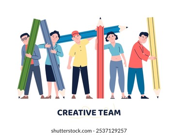 Tiny people with giant pencils. Cute young adults characters, designers, illustrators, painters, writers group. Creative team vector set