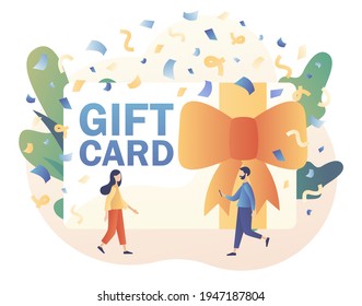 Tiny people give gift certificate. Gift card, voucher or coupon. Promotion strategy concept. Sale, loyalty program, bonus, marketing. Modern flat cartoon style. Vector illustration on white background