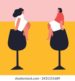 Tiny people and glass wine. Wine lover concept. Flat style. Funny colored typography poster. Vector