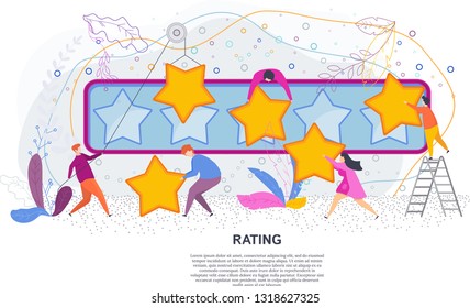 Tiny people with gold stars rating. Appreciation and recognition, praise and the highest reward. Competitions, lottery and gambling. Vector character concept design on white background.