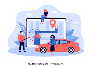 Tiny people and GPS with giant city map flat vector illustration. Cartoon man and women with auto finding road directions using navigation applications. Geolocation, navigation, car rental concept