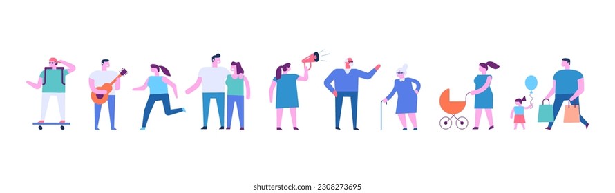 Tiny people group horizontal banner. Different tiny people characters. Flat vector illustration isolated on white.	