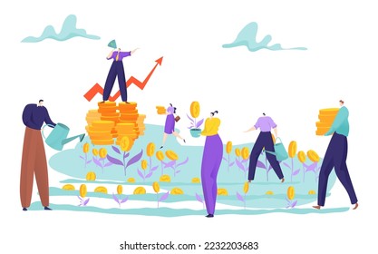 Tiny people grow money on field concept, successful business strategy, lot cash, design cartoon style vector illustration.