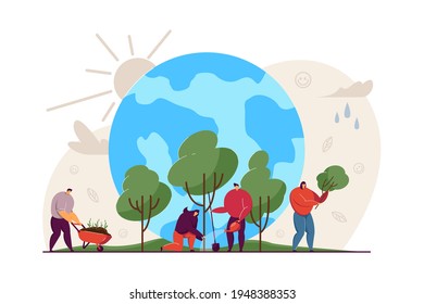 Tiny people growing trees together. Reforestation, protection of planet flat vector illustration. Reforestation, environmental agriculture concept for banner, website design or landing web page