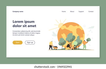 Tiny people growing trees together. Reforestation, protection of planet flat vector illustration. Reforestation, environmental agriculture concept for banner, website design or landing web page