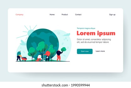 Tiny people growing trees together. Reforestation, protection of planet flat vector illustration. Reforestation, environmental agriculture concept for banner, website design or landing web page