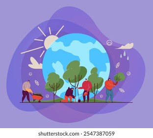 Tiny people growing trees together. Reforestation, protection of planet flat vector illustration. Reforestation, environmental agriculture concept for banner, website design or landing web page
