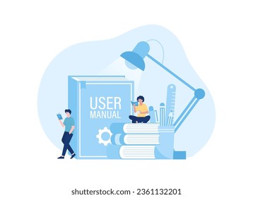 Tiny people with guide instructions or handbooks, reading on user manual trending concept flat illustration
