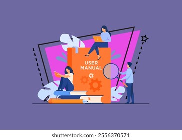 Tiny people with guide instructions or handbooks flat vector illustration. Cartoon characters reading user manual, guidebook or guidance. Help and book with instructions for use concept