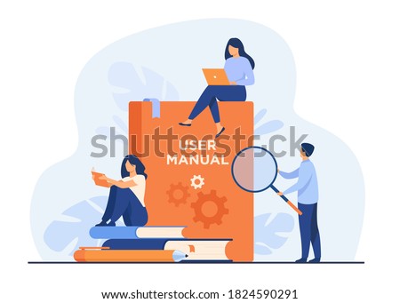 Tiny people with guide instructions or handbooks flat vector illustration. Cartoon characters reading user manual, guidebook or guidance. Help and book with instructions for use concept