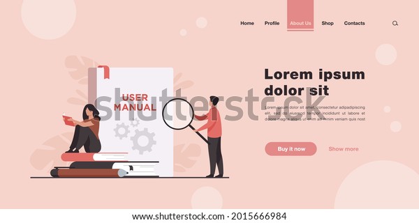 Tiny people with guide instructions or handbooks\
flat vector illustration. Cartoon characters reading user manual,\
guidebook or guidance. Help and book with instructions for use\
concept