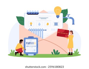 Tiny people handling utility bill payments with a giant envelope and various icons for electricity, water, and gas, representing finance and utility management vector illustration.