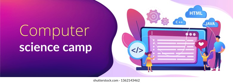 Tiny People, Happy Kids Learning Programming On Huge Laptop. Computer Programming Camp, Computer Science Camp, Cuber Education Course Concept. Header Or Footer Banner Template With Copy Space.