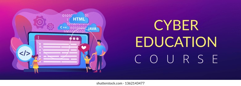 Gente pequeña, niños felices aprendiendo a programar en una laptop enorme. Campamento de programación de computadoras, campamento de ciencias de la computación, concepto de curso de educación de la informática. Plantilla de banner de encabezado o pie de página con espacio de copia.