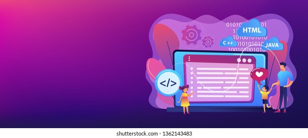Tiny people, happy kids learning programming on huge laptop. Computer programming camp, computer science camp, cuber education course concept. Header or footer banner template with copy space.