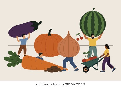 Tiny people harvesting and carrying giant fresh vegetables and fruits, showcasing organic farming and agriculture.