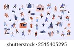 Tiny people have fun in winter set. Friends outerwear play snowball, ski, make snow angels outdoor in Christmas season. Crowd walking, ride sled, skates at Xmas time. Flat isolated vector illustration