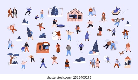 Tiny people have fun in winter set. Friends outerwear play snowball, ski, make snow angels outdoor in Christmas season. Crowd walking, ride sled, skates at Xmas time. Flat isolated vector illustration