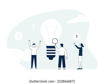 Tiny people have new idea. Brainstorm result, business team and giant lamp bulb. Creative workers, vector young students look ideas