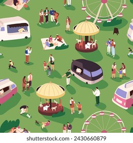 Tiny people have a picnic in amusement park. Funfair with attractions, carrousel, ferris wheel, food trucks. Outdoor holiday. Endless pattern of summer festive event. Flat vector seamless illustration