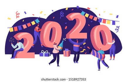 Tiny People Having Fun and Giving Gifts at Huge 2020 Numbers. Greeting Card for Happy New Year Concept. Congratulations, Invitation Poster, Banner, Flyer, Brochure. Cartoon Flat Vector Illustration