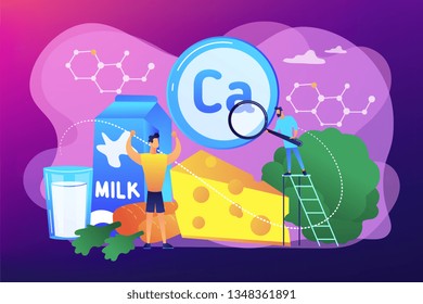 Tiny people, healthy sportsman with organic food high in calcium. Uses of calcium, calcium dietary supplement, strong bones and teeth concept. Bright vibrant violet vector isolated illustration