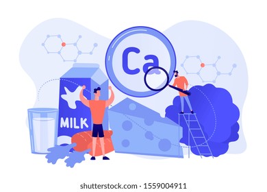 Tiny People, Healthy Sportsman With Organic Food High In Calcium. Uses Of Calcium, Calcium Dietary Supplement, Strong Bones And Teeth Concept. Pinkish Coral Bluevector Isolated Illustration