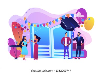 Tiny people high school students in dresses   suits chatting at promenade dance  Prom party  prom night invitation  promenade school dance concept  Bright vibrant violet vector isolated illustration