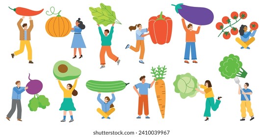 Tiny people hold large vegetables. Cute men and women with big organic healthy food, natural agricultural products, farm meal, vector set.eps