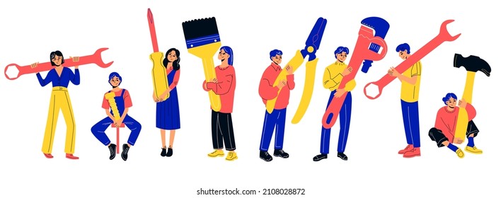 Tiny people hold tools. Small repairmens men and women, professional workers characters with huge repair items, persons hold hammer, wrench, calipers and pliers, vector isolated set