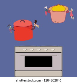 Tiny people holding giant pots. Cute illustration of food preparation. 