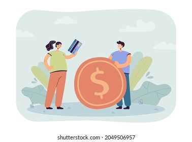 Tiny people holding golden coin and credit card. Financial investment of couple characters flat vector illustration. Family budget and finance concept for banner, website design or landing web page