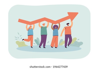 Tiny people holding growing arrow flat vector illustration. Cartoon professional characters working for success and career progress. Teamwork, progress and business development concept