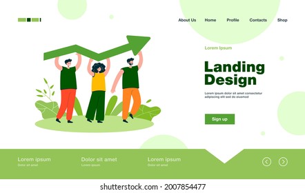 Pequeñas personas sosteniendo una creciente ilustración de un vector plano de flecha. Personajes profesionales de dibujos animados trabajando por el éxito y el progreso profesional. Concepto de trabajo en equipo, progreso y desarrollo empresarial