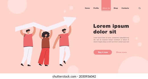 Tiny people holding growing arrow flat vector illustration. Cartoon professional characters working for success and career progress. Teamwork, progress and business development concept